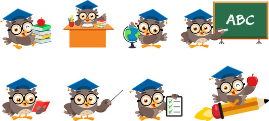 Cute Owl Teacher Cartoon Character In Different Poses – Vector Flat Design Collection Set Isolated On Transparent Background	

