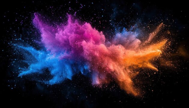 Vibrant multi-colored powder explosion in motion with blue, purple, pink, and orange hues on a black background conveying energy and creativity