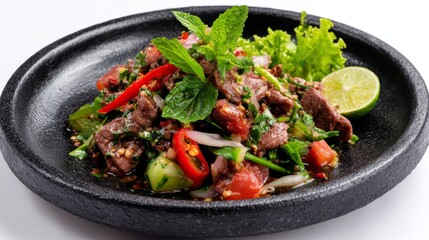 Spicy beef salad with fresh herbs and lime, served on a black stone plate, photographed against a clean white background with bright editorial lighting.