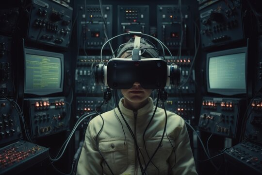 Technician wearing virtual reality headset working in control room with computers and monitors