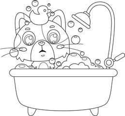 Funny Cute Cat Cartoon Character Taking Bath In Bathtub With Rubber Duck And Bubbles - Black and White Vector Hand Drawn Illustration Isolated On Transparent Background