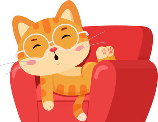 Sleepy Cute Cat Cartoon Character Napping On Red Armchair With Glasses – Vector Illustration Flat Design Isolated On Transparent Background