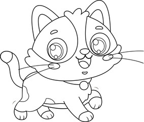 Happy Calico Cat Cartoon Character Walking Cheerfully - Black and White Vector Hand Drawn Illustration Isolated On Transparent Background