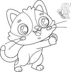 Happy Cute Cat Cartoon Character Playing With Butterfly - Black and White Vector Hand Drawn Illustration Isolated On Transparent Background
