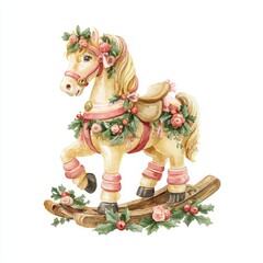 A watercolor Christmas rocking horse adorned with holly leaves, red berries, and festive floral accents embodies joyful holiday spirit and vintage charm set against a white background