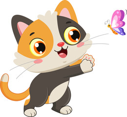 Playful Cute Cat Cartoon Character Catching Butterfly – Vector Illustration Flat Design Isolated On Transparent Background