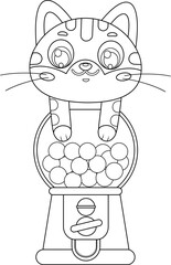 Funny Cute Cat Cartoon Character Sitting On Gumball Machine - Black and White Vector Hand Drawn Illustration Isolated On Transparent Background