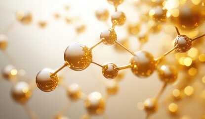 Close-up of interconnected shiny golden spheres forming a molecular structure with a warm glowing background, evoking a sense of scientific discovery and elegance