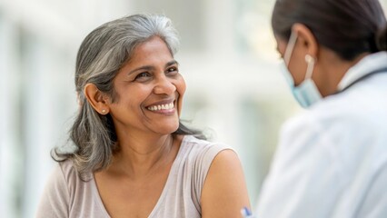 Happy Indian woman talking to physician during vaccination — highlighting wellness, reassurance, and public health awareness