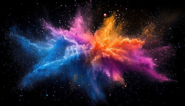 vibrant explosion of colorful powder in blue, orange, pink, and purple against a black background creating a dynamic and energetic visual effect