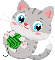 1Happy Cute Gray Cat Cartoon Character Playing With Green Yarn Ball – Vector Illustration Flat Design Isolated On Transparent Background