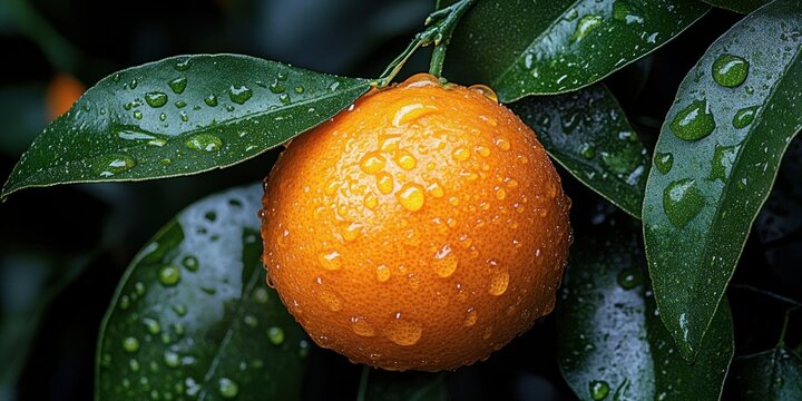 Close-up of a fresh orange fruit hanging on a tree branch covered with water droplets after rain or mist, surrounded by dark green wet leaves