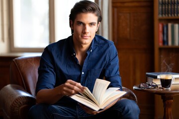 A Thoughtful Young Man Enjoying a Book in a Cozy, Elegant Setting with a Warm Cup of Coffee