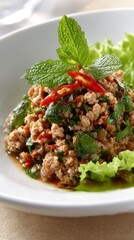 Authentic Thai minced pork salad with herbs, chili slices, and mint, neatly arranged on a white plate, light beige minimal background.
