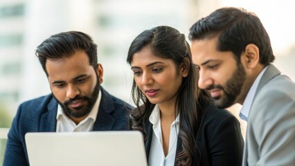 Fototapeta premium Group of Indian professionals gathered around laptop — reviewing campaign ideas and promotional concepts