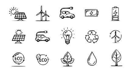 Eco Energy Icon Pack-solar panels, wind turbines, electric car, battery charge, green energy, eco light bulb, recycling arrows, water drop, and tree leaf