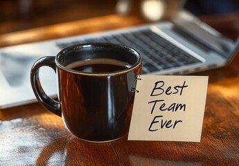 black coffee mug on wooden table with a sticky note saying best team ever alongside a blurred laptop in the background