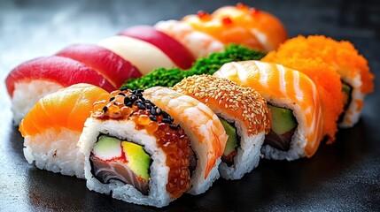 Close-up of assorted colorful sushi rolls with fish, shrimp, cucumber, avocado, and sprinkled sesame seeds on a dark surface