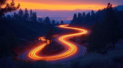 Winding mountain road illuminated by bright streaks of vehicle lights under a colorful sunset sky with distant city lights and silhouettes of pine trees