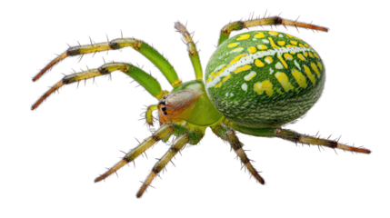 Emerald Arachnid: A close-up portrait of an intricately patterned spider, its vibrant green and yellow hues gleaming against the backdrop, showcasing the beauty of its natural artistry.