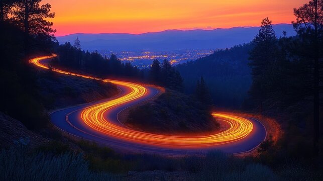 Winding mountain road illuminated by vibrant light trails at sunset with distant city lights and silhouetted pine trees under colorful sky - Powered by Adobe