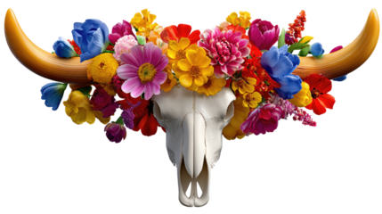 Floral Adornment: A captivating scene features a pristine white cow skull, embellished with an array of vibrant, colorful flowers.