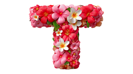 Floral Letter T: A beautifully crafted letter T meticulously composed of vibrant, colorful blossoms, conveying the essence of natural beauty and floral design.