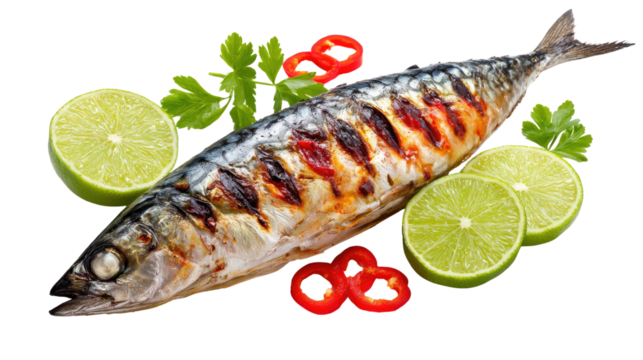 Grilled fish with Lime: A beautifully grilled fish, with its crispy skin and tender flesh, is presented alongside fresh lime slices and vibrant red chili rings, appetizing fresh