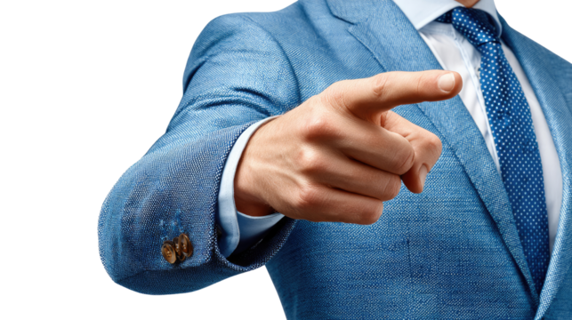 Focus and Decision: A confident individual, dressed in a tailored suit, points forward with purpose, capturing a decisive moment of direction. 