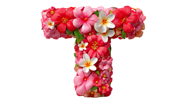 Floral Letter T: A beautifully crafted letter T meticulously composed of vibrant, colorful blossoms, conveying the essence of natural beauty and floral design.