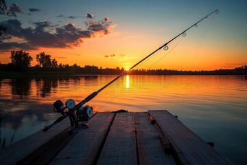 Fishing rod resting on wooden dock with calm lake and vibrant orange sunset reflecting on water surrounded by silhouette trees