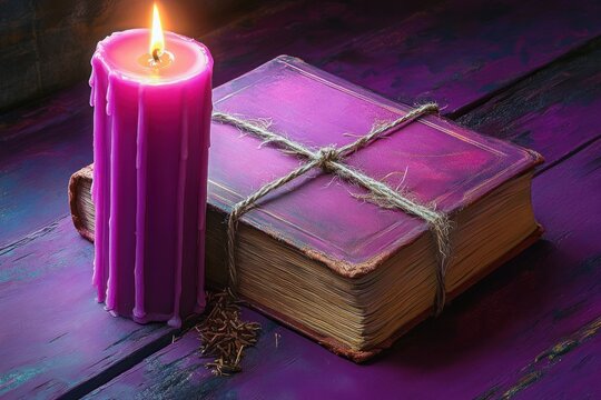 A glowing purple candle burning beside an old, thick book tied with rustic twine, resting on a wooden surface with warm, mystical lighting - Powered by Adobe