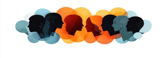 Abstract digital illustration of multiple overlapping human profiles in black and shades of orange and blue, representing diversity and connection