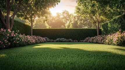Sunlit garden with lush green grass, flowering shrubs with pink blossoms, large trees, and a dense hedge in the background during golden hour