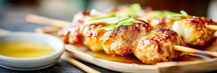 Delicious yakitori skewers garnished with spring onions resting on a wooden platter