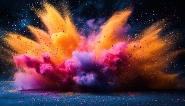 Vibrant explosion of powder paint in bright orange, pink, purple, and red colors against a dark background creating dynamic and energetic abstract shapes