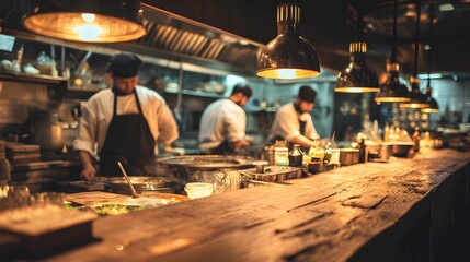 Chefs prepare food in a busy restaurant kitchen under warm lights.