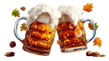 Golden Brews in a Toast: Two mugs of golden beer clink together in a celebratory toast, a visual ode to camaraderie and festive occasions. The frothy foam cascades over the sides.