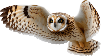 Majestic Flight of Owl: Capturing the elegance of an owl in full flight, its wings gracefully extended against the sky, embodies freedom and power.