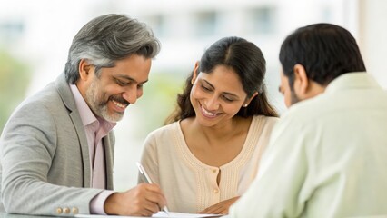 Happy Indian couple signing contract with professional advisor — symbolizing trust, partnership, and success