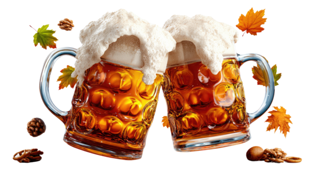 Golden Brews in a Toast: Two mugs of golden beer clink together in a celebratory toast, a visual ode to camaraderie and festive occasions. The frothy foam cascades over the sides.