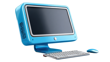 Retro Tech Oasis: A stylish and vibrant retro computer, featuring a sleek blue design with matching keyboard and mouse, is a nostalgic nod to computing history. 