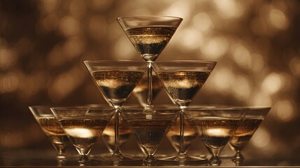 A pyramid of champagne glasses filled with bubbly drink.