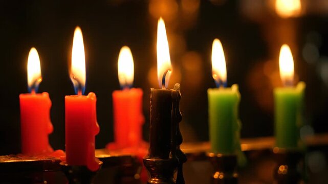 Illuminated Kinara Candles Symbolizing Principles of Kwanzaa, Celebrating African Heritage and Culture with Unity, Self-Determination, Collective Responsibility