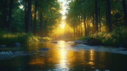 Sunlight filtering through dense green forest trees illuminates a calm flowing river with rocks and lush vegetation on its banks creating a peaceful morning scene