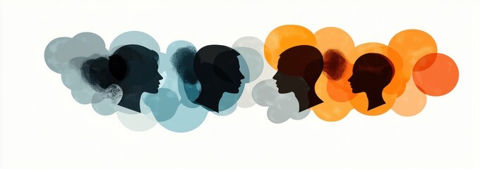 Silhouettes of four human profiles facing each other with overlapping transparent blue and orange circular shapes representing communication or connection