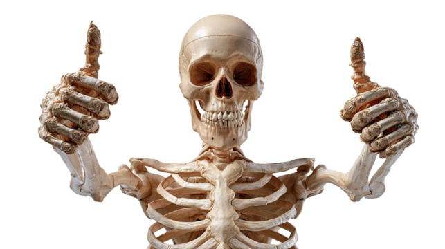 Skeletal Thumbs Up: A detailed depiction of a human skeleton, giving two thumbs up, offering a unique perspective on life, death, and human anatomy. 