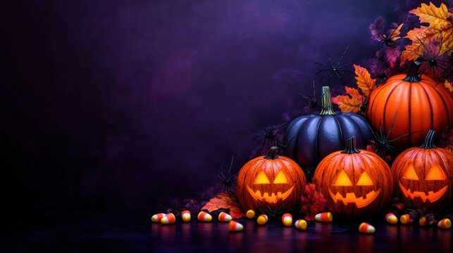 Halloween scene with glowing carved jack-o-lantern pumpkins, candy corn, fake black spiders, and autumn leaves against a dark purple background