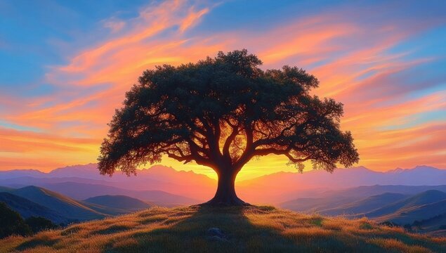 Lone tree standing on a grassy hill with a vibrant orange and purple sunset illuminating the sky and distant mountains creating a serene and peaceful atmosphere