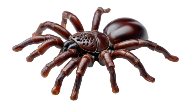 Spider's Intricate Texture: A striking image of a brown spider, showcasing the creature's complex anatomy, with detailed legs and body structure against a plain backdrop.